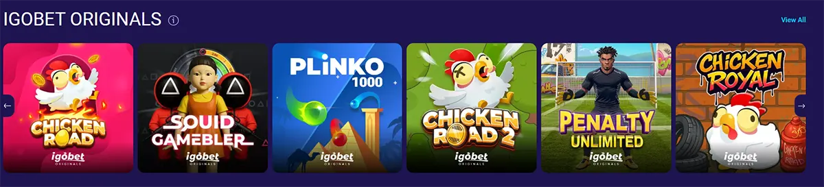 IGOBET Originals games section featuring Chicken Road, Squid Gambler, Plinko 1000, Chicken Road 2, Penalty Unlimited, and Chicken Royale, displayed as colorful game tiles with a “View All” option on a dark purple background.